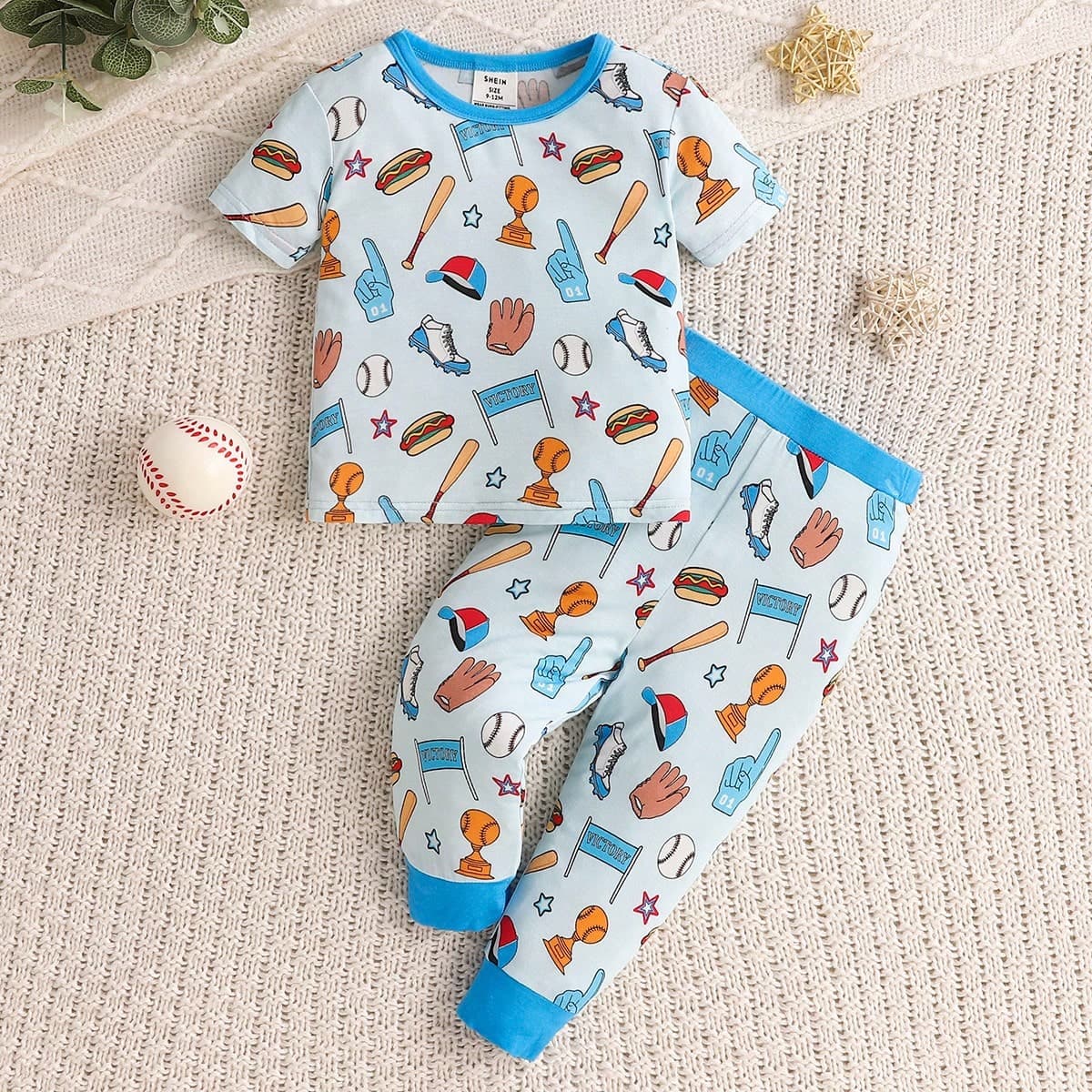 Ensemble de pyjama confortable et respectueux de la peau pour la maison avec col contrastÃ© pour bÃ©bÃ© garÃ§on, 2 piÃ¨ces, t-shirt Ã manches courtes