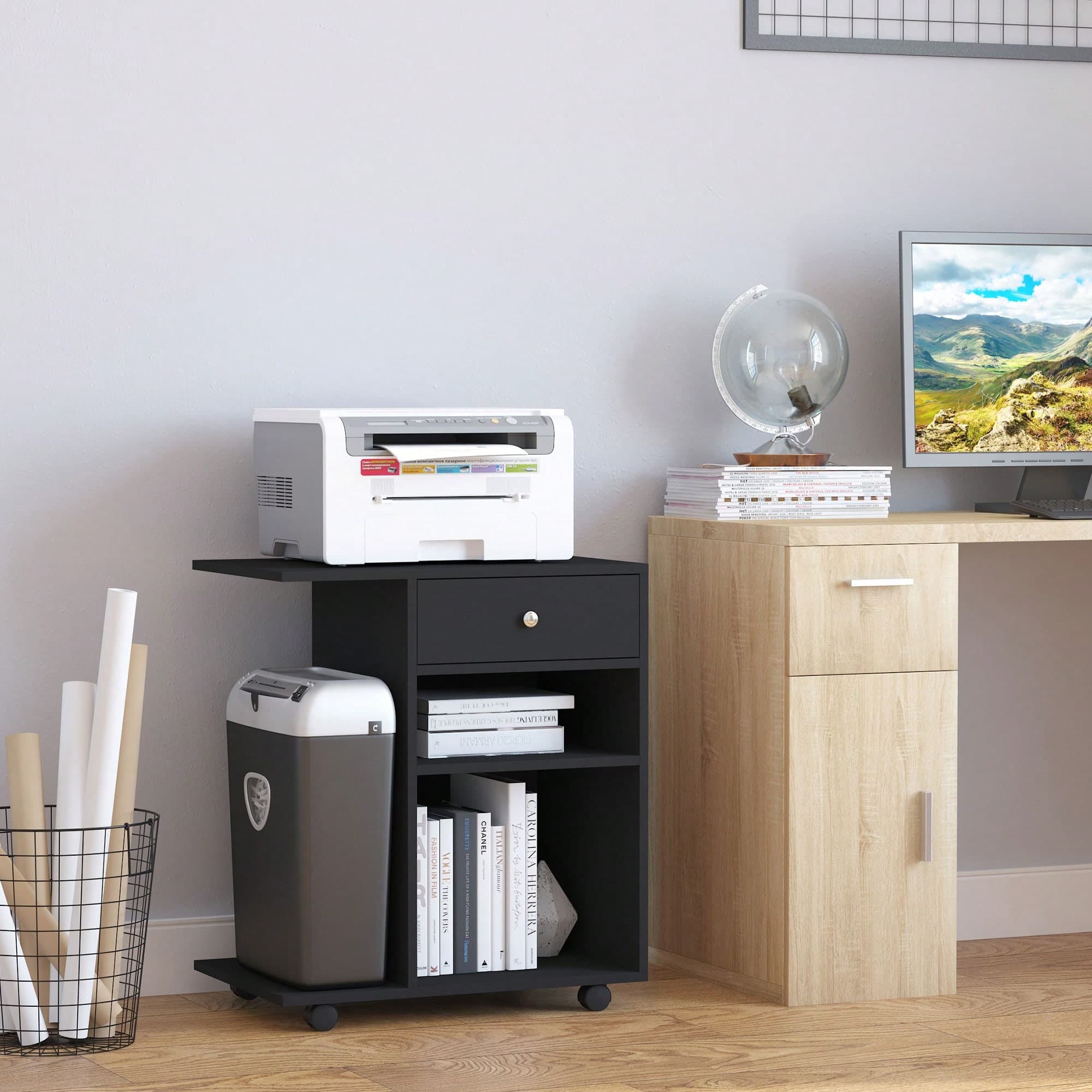Vinsetto Support d'imprimante organiseur bureau caisson 2 niches tiroir espace CPU + grand plateau panneaux particules noir